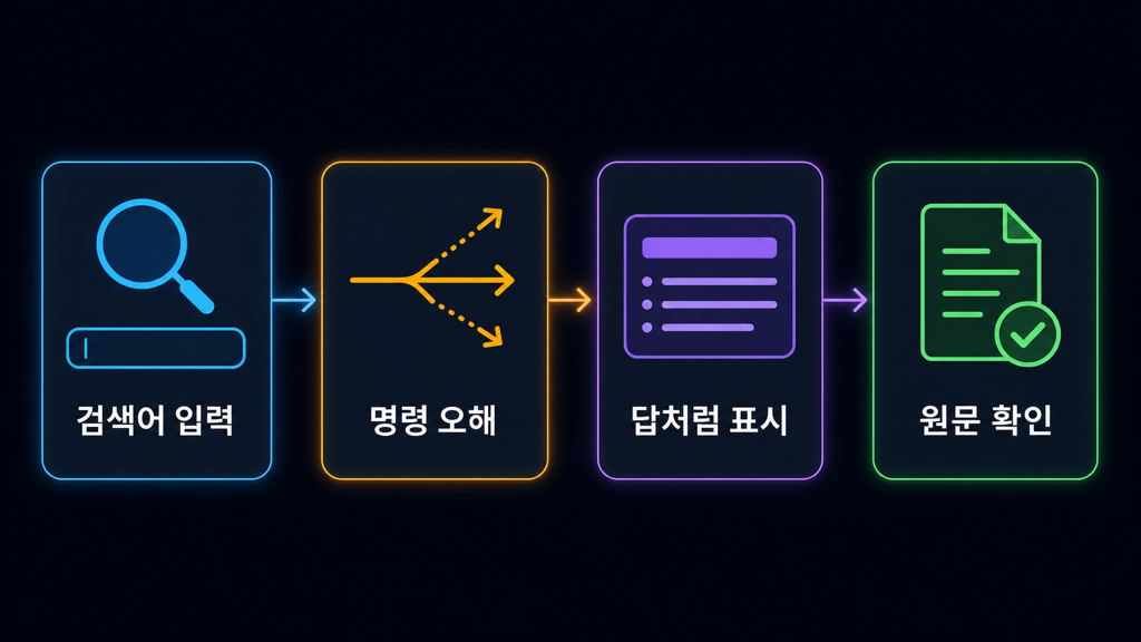 AI 검색 오해가 사용자 검증으로 이어지는 4단계 흐름도