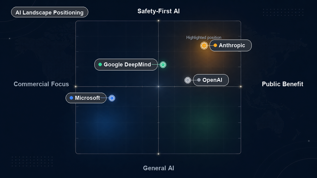 Anthropic vs 빅테크 — Safety-First / Public Benefit 포지셔닝 맵