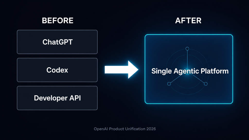 OpenAI 제품 통합 전/후 구조 비교 — Before: ChatGPT·Codex·Developer API 분리 → After: 단일 에이전틱 플랫폼
