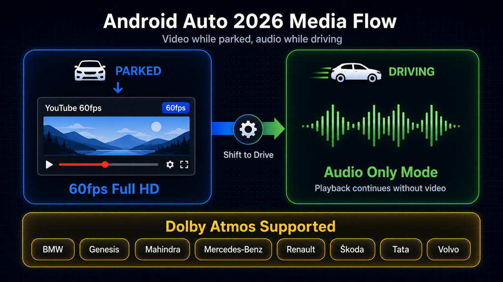 Android Auto 2026 YouTube 및 Dolby Atmos 기능 인포그래픽