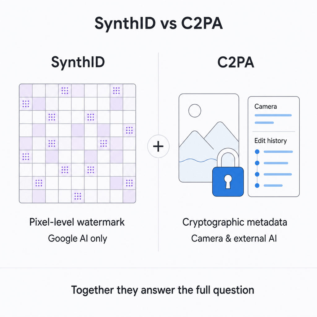 Gemini C2PA vs SynthID 비교 인포그래픽