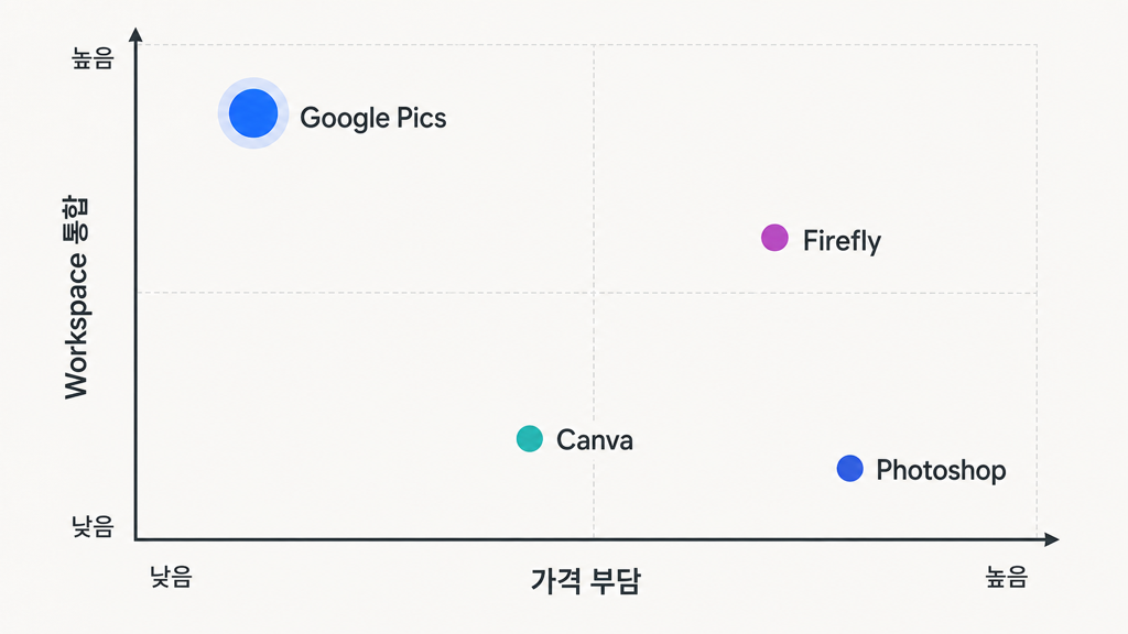 Google Pics vs 포토샵 vs Firefly vs Canva 비교 인포그래픽