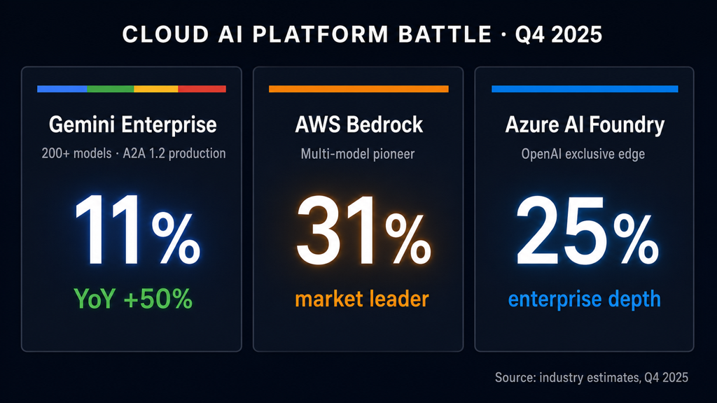 클라우드 AI 플랫폼 3강 비교 — Google Gemini Enterprise Agent Platform vs AWS Bedrock vs Azure AI Foundry, Q4 2025 시장점유율