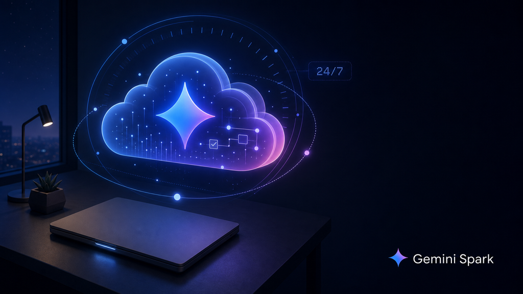 노트북을 닫고 잠든 사용자 옆 클라우드 안에서 24/7 일하는 Gemini Spark 에이전트 비주얼