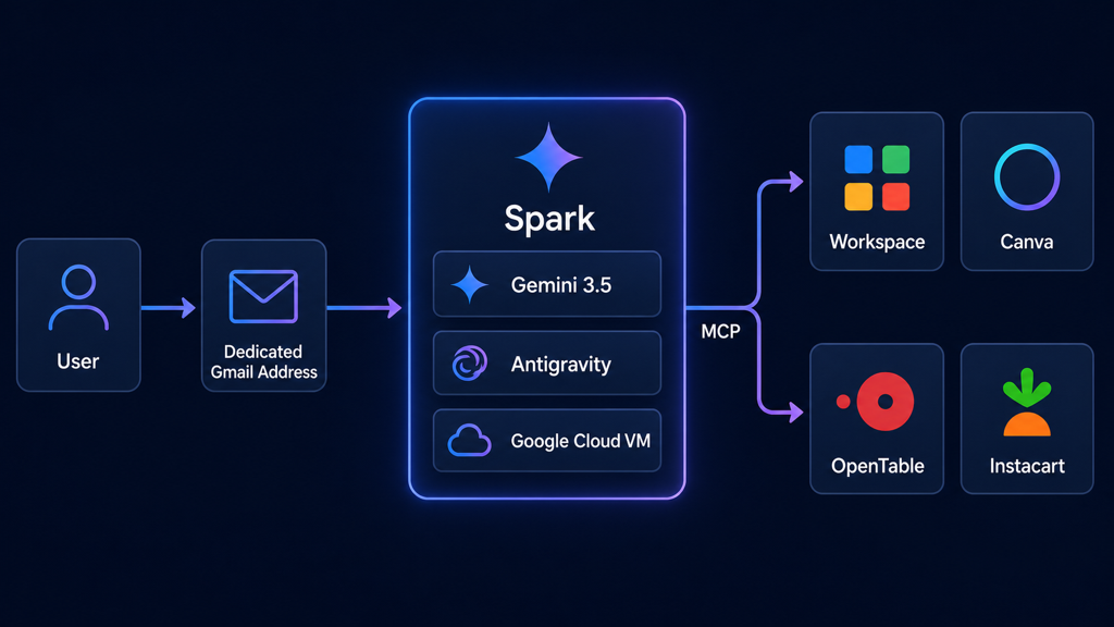 사용자 → 자체 Gmail 주소 → Spark 클라우드 VM(Gemini 3.5 + Antigravity) → Workspace · Canva · OpenTable · Instacart로 분기되는 워크플로우 다이어그램