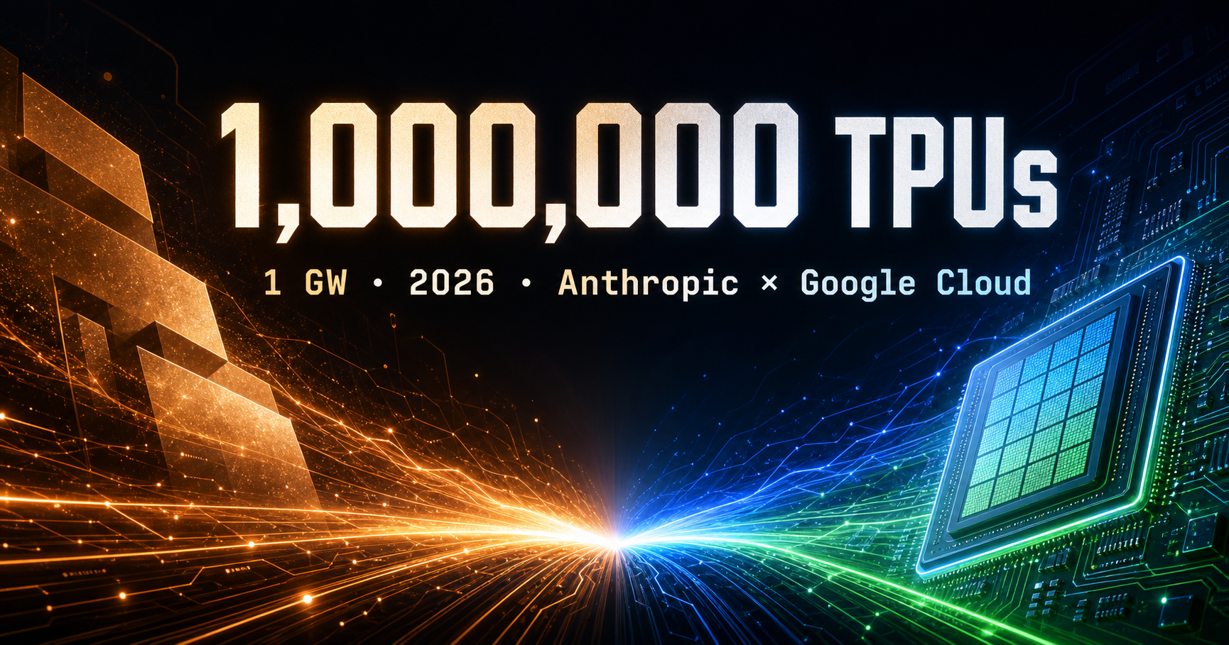 Anthropic이 Google TPU 100만 개를 사들였다 — 1 GW 규모, 2026년 가동. 좌측 Anthropic, 우측 Google Cloud가 합류하는 구도의 와이드 비주얼