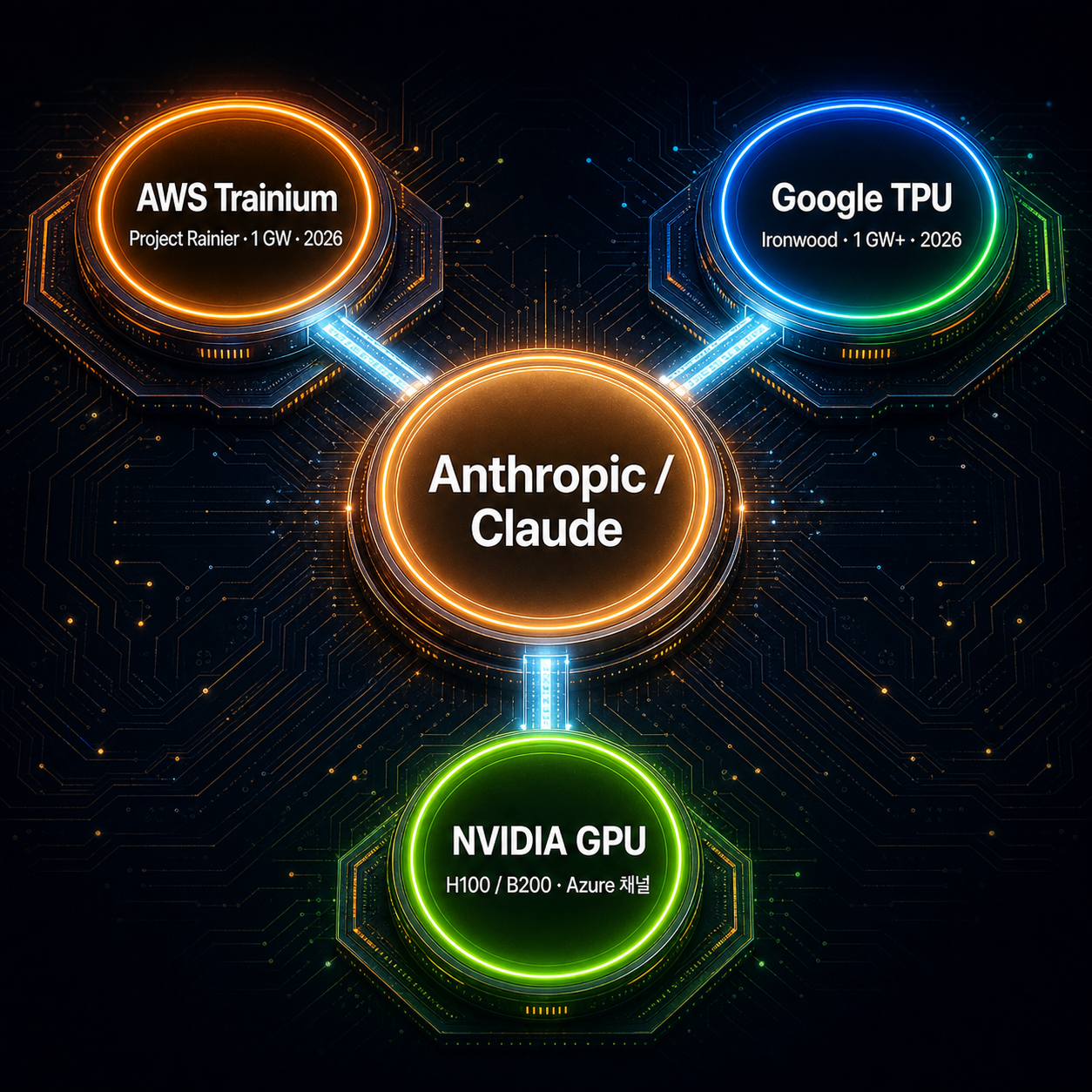 Anthropic 멀티클라우드 3축 구조 — 중앙에 Anthropic/Claude, 외곽에 AWS Trainium(Project Rainier), Google TPU(Ironwood), NVIDIA GPU 채널이 동시에 연결되는 형태