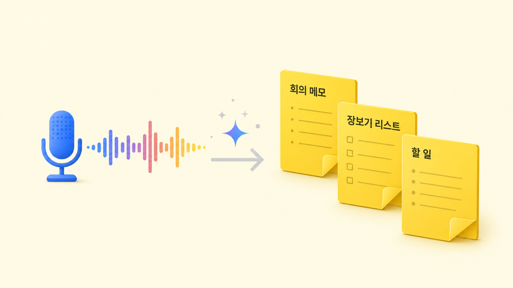 Keep 음성 모드 — 두서없는 발화를 주제별 노트로 분리하는 talk-to-create 일러스트