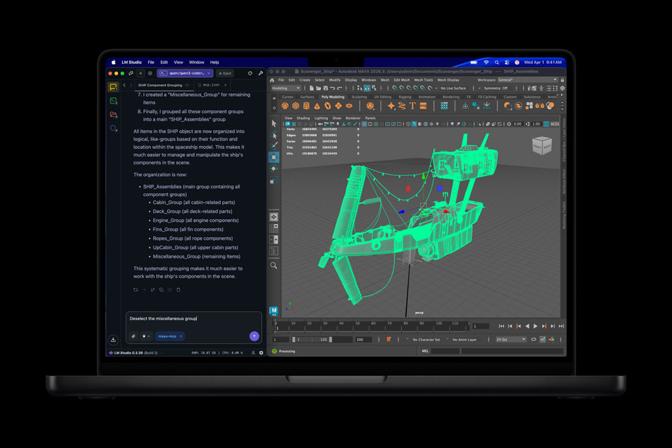 MacBook Pro에서 LM Studio와 Autodesk Maya가 함께 열린 공식 이미지. 로컬 AI와 전문 앱이 같은 작업대 위에 놓인 장면이다.