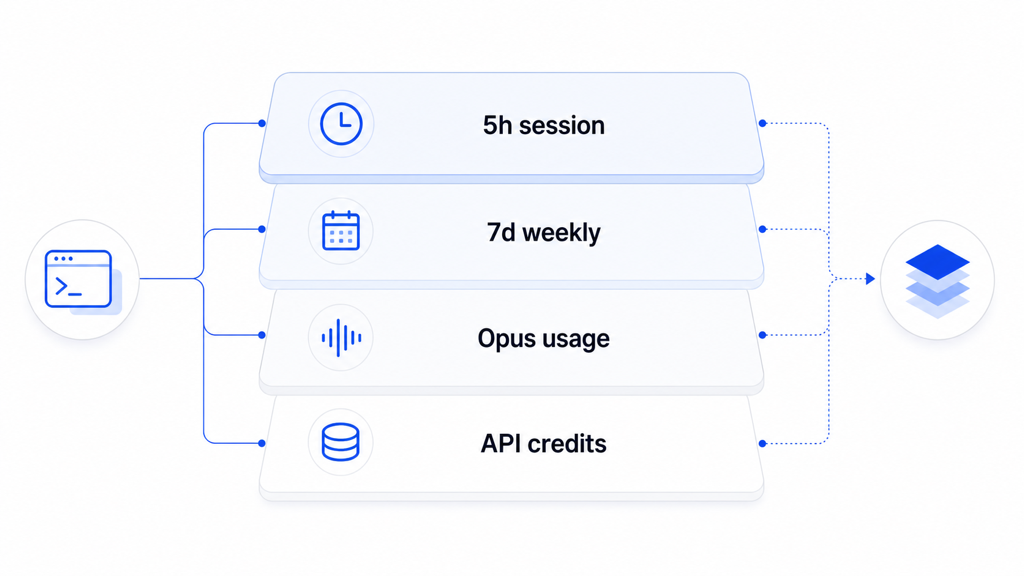 5시간 리밋, 7일 한도, Opus 한도, API credits가 어떻게 다른지 보여주는 구조도