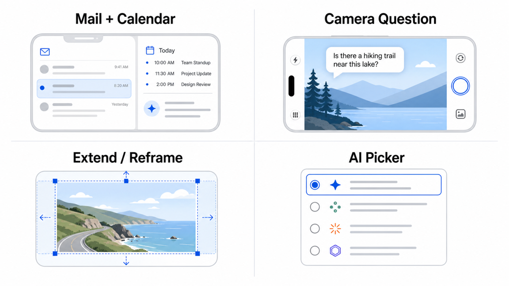 Siri 앱, Search or Ask, Camera Siri, Photos AI 편집을 사용자 시나리오별로 나눈 4분할 설명 이미지