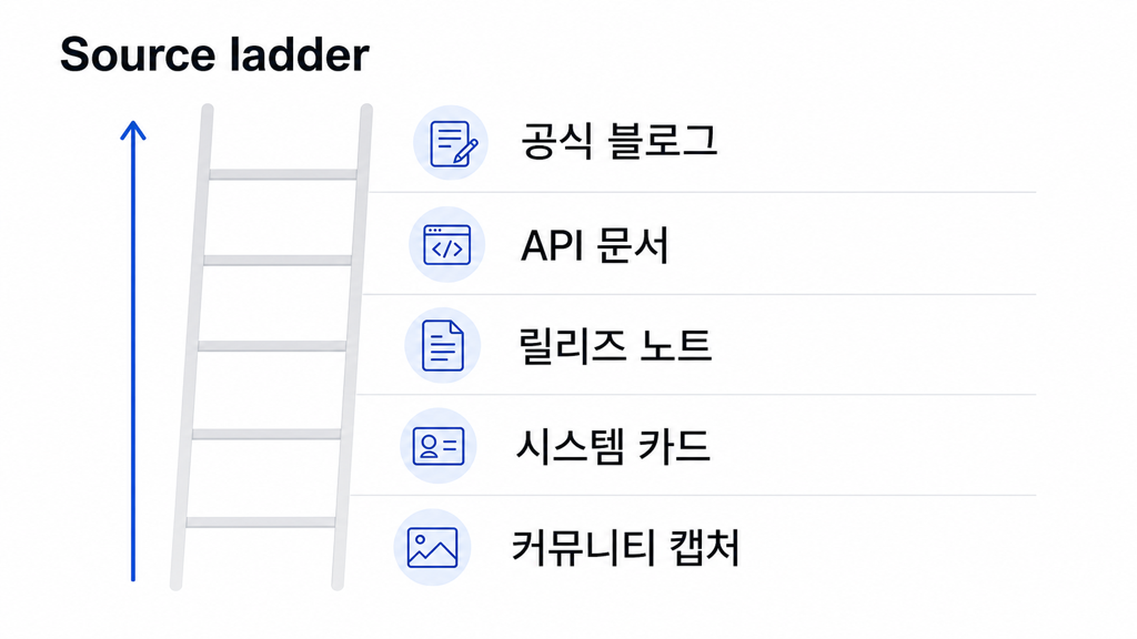 공식 발표와 로그 신호의 차이. OpenAI 블로그, API 문서, release notes, 시스템 카드, X 스크린샷, 커뮤니티 재전파를 신뢰도 계층으로 배치한 인포그래픽