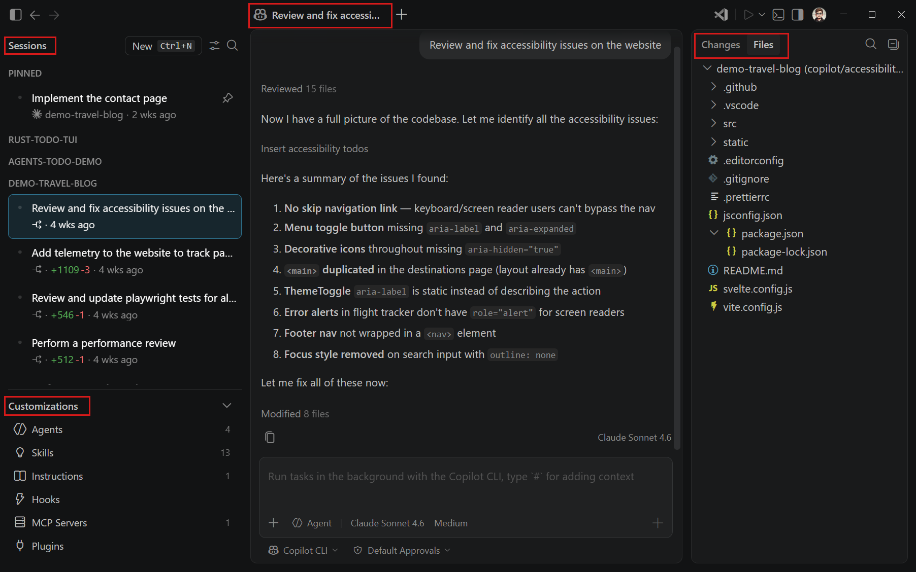 VS Code Agents window 공식 UI. 왼쪽에는 세션 목록, 가운데에는 에이전트 대화, 오른쪽에는 변경 파일과 작업 산출물이 보인다.