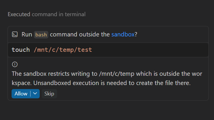 VS Code 공식 터미널 샌드박스 프롬프트. 작업공간 밖에 쓰기 위해 샌드박스 밖 실행 허용 여부를 묻는다.