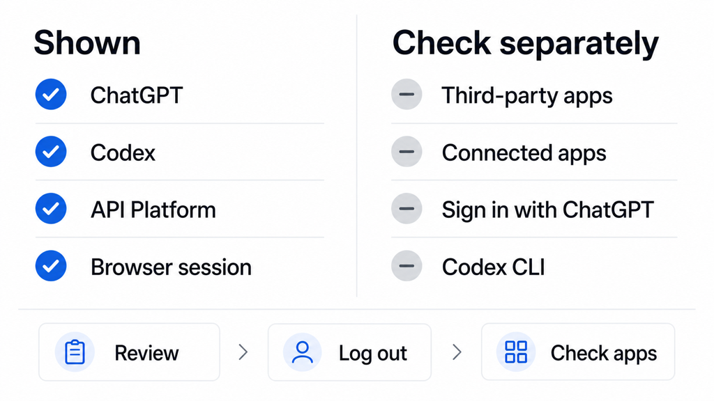 ChatGPT Active sessions가 보여줄 수 있는 first-party 세션과 별도 확인이 필요한 third-party app, connected apps, Codex CLI 범위를 나눈 인포그래픽