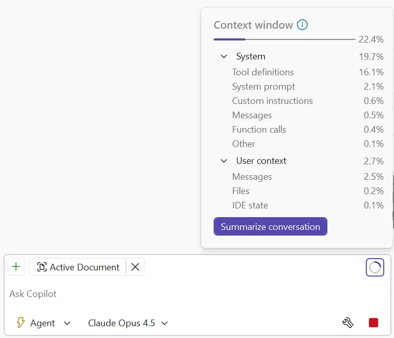Visual Studio Copilot context window usage 공식 화면. 대화와 파일, IDE 상태가 문맥 창을 얼마나 쓰는지 보여준다