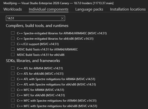 Visual Studio Installer의 MSVC Build Tools v14.51 구성 요소 공식 화면
