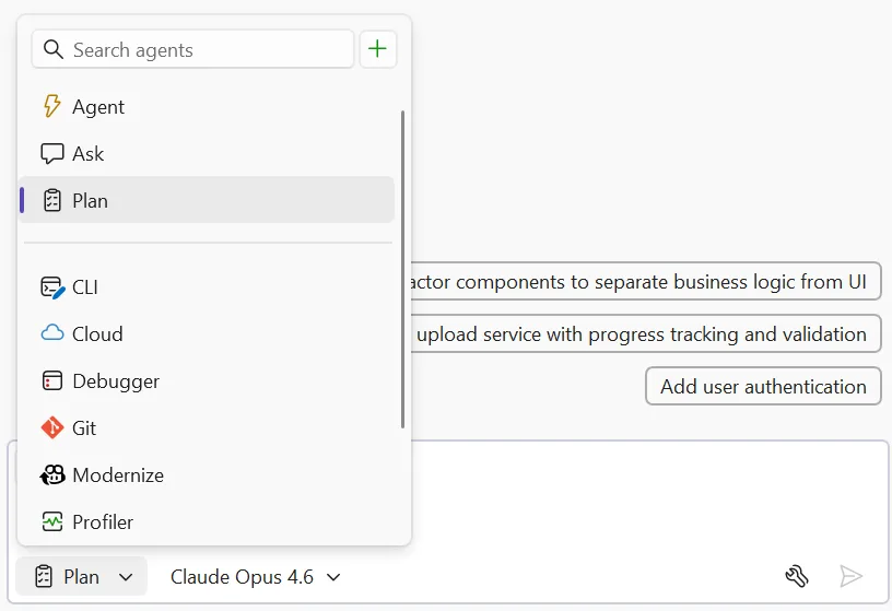 Visual Studio Copilot Plan agent가 agent picker에서 선택된 공식 화면