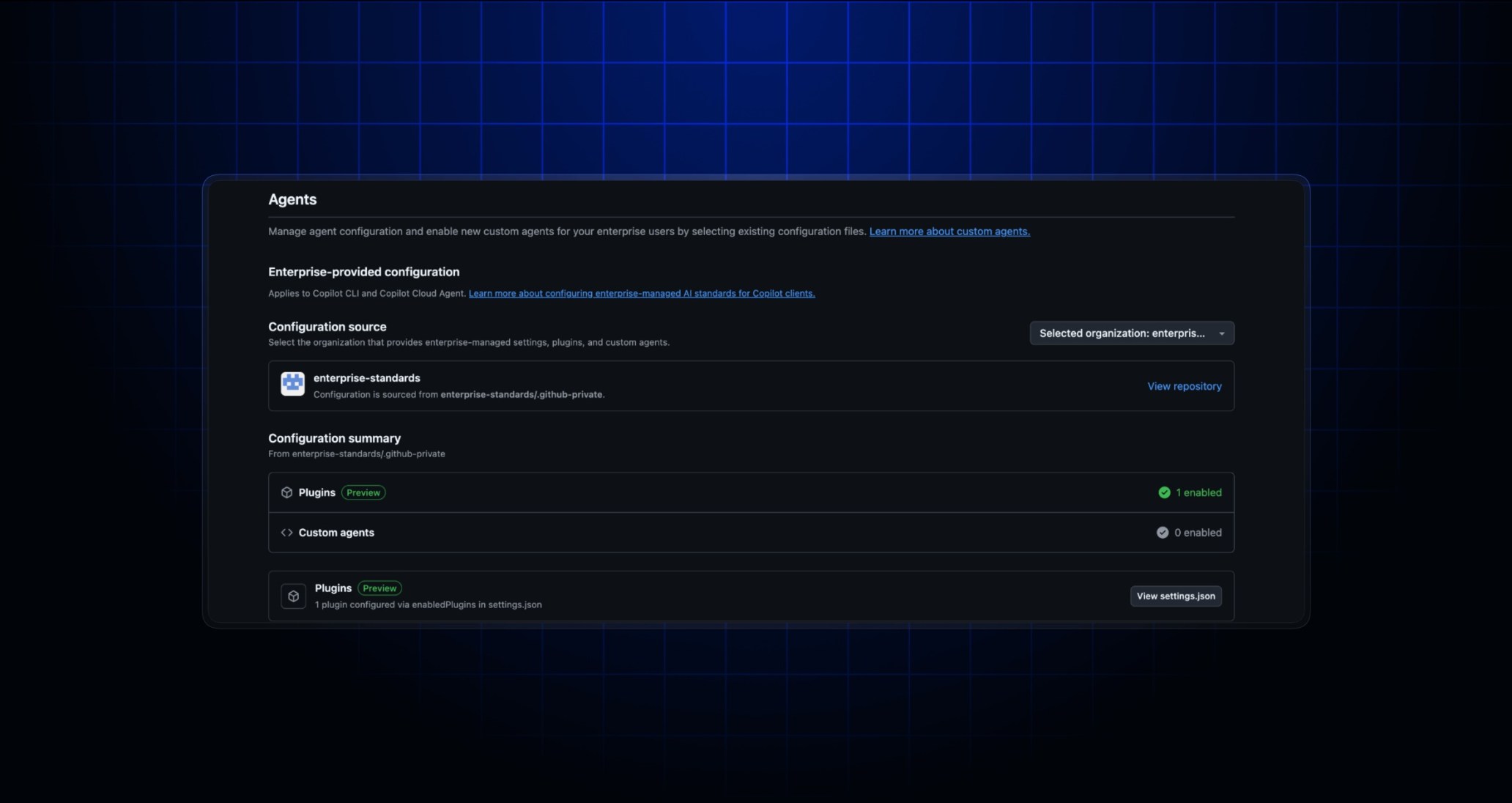 GitHub Enterprise AI controls 화면에서 enterprise-provided configuration과 plugin preview 설정이 보이는 공식 스크린샷